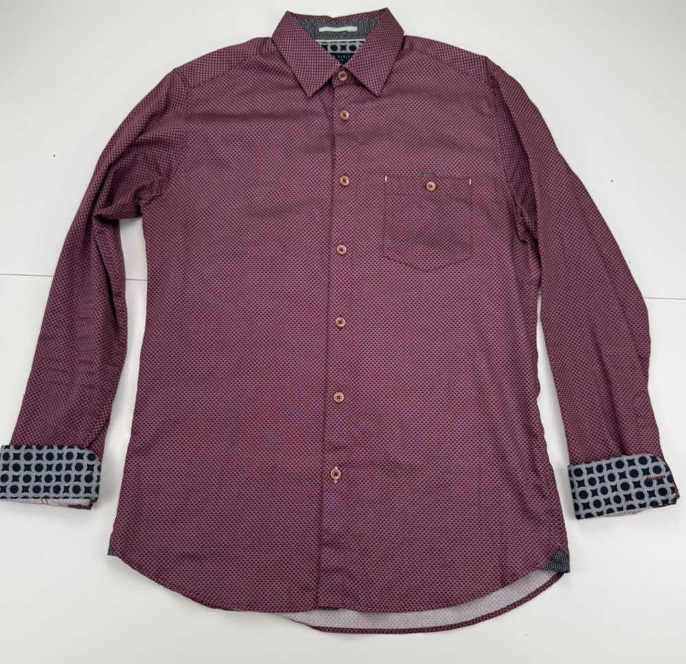 Ted Baker London Shirt Men's 3 M Burgundy Geometric Long Sleeve Cotton
